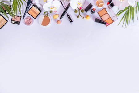 Summer make-up cosmetics flat lay, Vacation, Holiday shopping sale make up.Shadows, lipstick, mascara, face powder, blush, with summer accessories, starfish, shellsの写真素材