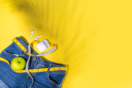 Summer weight loss, fitness, slimming background. Top view flat lay photo of woman or girl summer outfit, shorts and a T-shirt, with centimeter tape, dumbbells, healthy snack, earbuds for sportsの写真素材