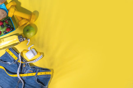 Summer weight loss, fitness, slimming background. Top view flat lay photo of woman or girl summer...