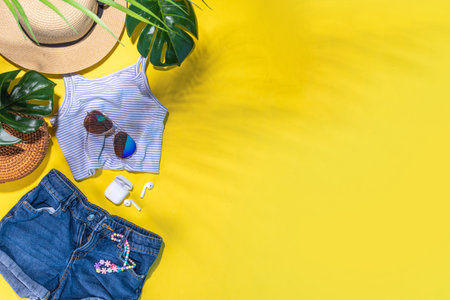 Summer girl fashion flat lay on high-colored yellow background. Holiday party, vacation, travel comfortable casual woman outfit - t-shirt, shorts, flip flops, straw hat, sunglasses, with palm leafの写真素材