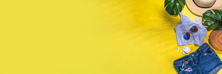 Summer girl fashion flat lay on high-colored yellow background. Holiday party, vacation, travel...