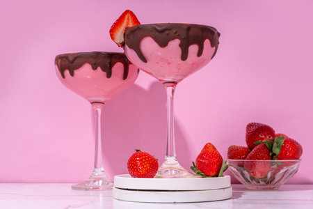 Sweet chocolate strawberry cocktail, cute pink strawberry martini or daiquiri creamy drink, with...