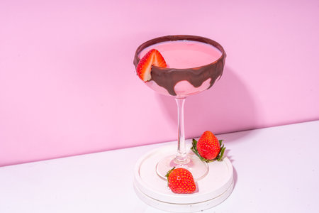 Sweet chocolate strawberry cocktail, cute pink strawberry martini or daiquiri creamy drink, with fresh strawberry garnish and choco drizzles, on high-colored pink backgroundの写真素材