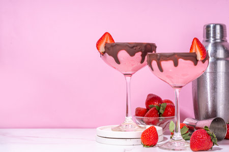 Sweet chocolate strawberry cocktail, cute pink strawberry martini or daiquiri creamy drink, with fresh strawberry garnish and choco drizzles, on high-colored pink backgroundの写真素材