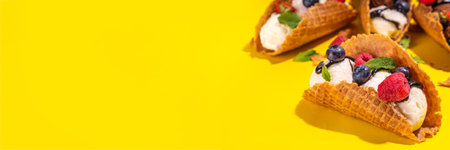 Various sweet taco ice creams. Waffle taco shells with chocolate and vanilla flavour ice cream with...