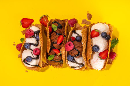 Various sweet taco ice creams. Waffle taco shells with chocolate and vanilla flavour ice cream with...