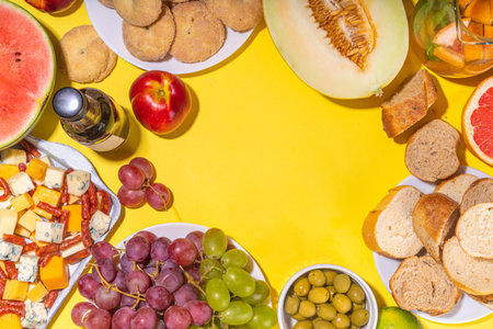 Buon Ferragosto (happy in italian language) holiday background. Summer Italian harvest festival August 15  brunch, family party antipasto foods with watermelon, melon, grapes, cheese, snacks, drinksの写真素材