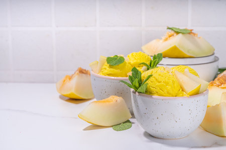 Homemade melon ice cream balls in portioned bowls, with slices of fresh cantalupa melon and mint leavesの写真素材