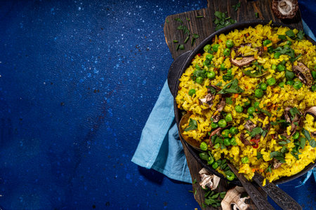 Homemade vegetarian pilaf with vegetables, green pea and champignon mushroomsの写真素材
