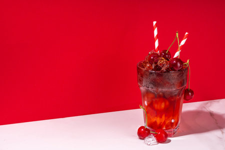 Iced cherry cola drink, Cold summer fruity non-alcohol cocktail with fresh cherries, juice, cola and...