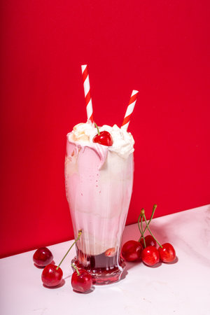 Sweet homemade cherry-cola milkshake with whipped cream, ice cream, cold cola, fresh cherries and syrupの写真素材
