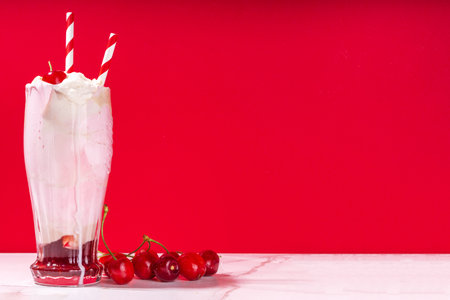 Sweet homemade cherry-cola milkshake with whipped cream, ice cream, cold cola, fresh cherries and syrupの写真素材