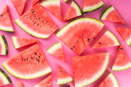 Watermelon slices arranged on high-colored pink background. Simple basic summer harvest and holiday...