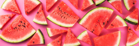 Watermelon slices arranged on high-colored pink background. Simple basic summer harvest and holiday...
