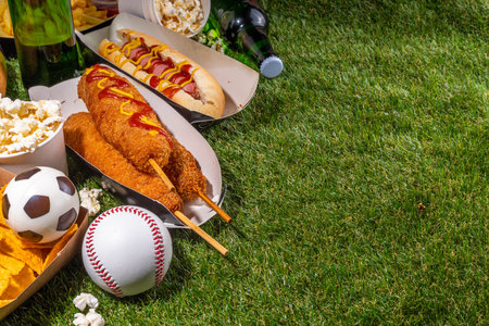 Traditional sport stadium foods and beer background, Set of various baseball, basketball, football fans and stadium snacks, chips, sauces, hot dogs with beer bottles and fan accessoriesの写真素材