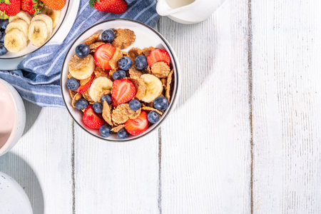 Healthy vitamin diet summer breakfast. Cereal Multigrain flakes with yogurt or milk and...