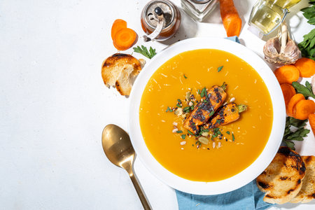 Homemade carrot cream soup, with grilled carrots decor, croutons, cheese and greens, white kitchen table background copy spaceの写真素材