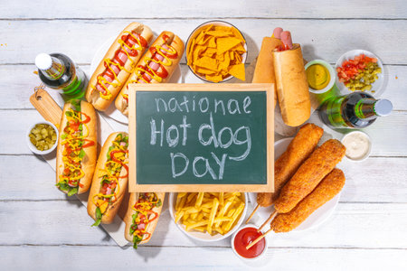 National Hot Dogs day background, hotdog summer party festival foods, Various types of traditional hot dogs - french, corn dog, classic. mexican loaded hotdog, with snack, beer bottles and saucesの写真素材
