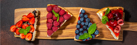 Summer cafe baking menu background, sweet cheesecake portion slices with various toppings, jam and berry fruits - strawberry, blueberry, raspberry, cherryの写真素材