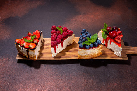 Summer cafe baking menu background, sweet cheesecake portion slices with various toppings, jam and berry fruits - strawberry, blueberry, raspberry, cherryの写真素材