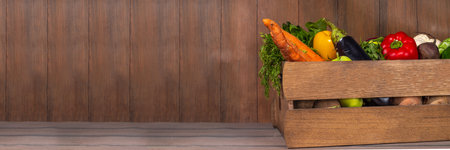 Farm organic market shopping concept, Wooden box with summer, autumn raw vegetables and fruitsの写真素材