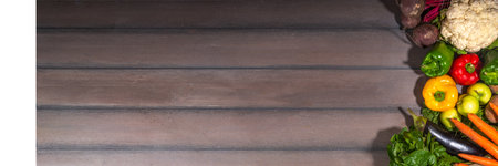 Farm organic market shopping concept, Wooden box with summer, autumn raw vegetables and fruitsの写真素材