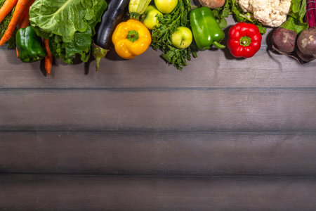Farm organic market shopping concept, Wooden box with summer, autumn raw vegetables and fruitsの写真素材