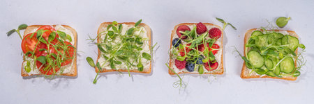 Vegetable and fruit microgreen sandwiches. Homemade toasts sandwiches with tomato, cucumber, berry...