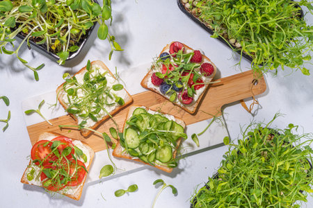 Vegetable and fruit microgreen sandwiches. Homemade toasts sandwiches with tomato, cucumber, berry fruits and a lot of microgreen baby leaves sprouts, white table background copy spaceの写真素材