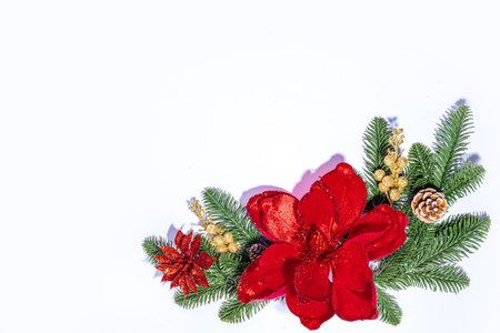 White simple christmas, New Year holidays background with Christmas tree branches, winter red berries, poinsettia flowers, flatlay top view copy spaceの写真素材