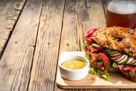 Oktoberfest pretzel bagel sandwich. Oktoberfest day breakfast, burger recipe for holiday beer party. Big pretzel with ham, cheese, fresh vegetables, with radish, beer, checkered tablecloth copy spaceの写真素材