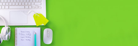 Green Friday concept with green sale and discounts tag, conscious and environmentally friendly shopping idea, useful things on sale instead of the usual Black Friday Sale. Eco friendly lifestyleの写真素材