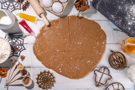 Cooking baking Halloween gingerbread cookies. Preparing for Halloween party holiday, mom and child...