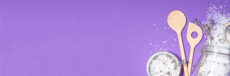 Aromatic lavender salt for cooking. Sea salt mix with dried lavender flowers, trendy seasoning condiment for cooking food, grilling, drinks and cocktailsの写真素材