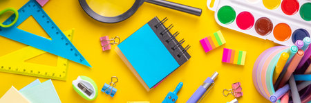 School equipment high-colored bright yellow flat lay. Various school education and office supplies,...