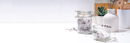 Aromatic lavender salt for cooking. Sea salt mix with dried lavender flowers, trendy seasoning condiment for cooking food, grilling, drinks and cocktailsの写真素材