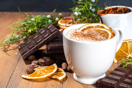 Orange hot cocoa drink. Homemade winter Christmas dark spicy hot chocolate with dried orange, with chocolate and orange slices on wooden cozy backgroundの写真素材