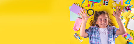Cute emotional girl ready to back to school with various school supplies, education accessories on bright yellow backgroundの写真素材
