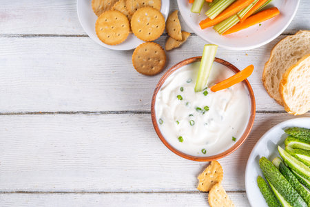 Cottage cheese high-protein dip with fresh vegetables, bread and crackers on wooden white table copy...
