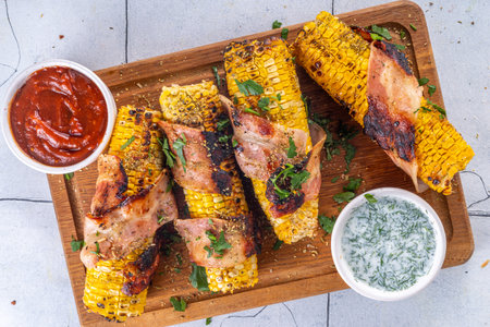 Bacon wrapped grilled corn on the cob, southern american, mexican bbq food recipe, with sauces on white tile backgroundの写真素材