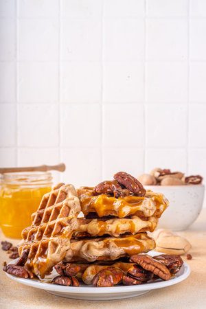 Pecan Maple Syrup Belgian Waffles with Caramel Sauce, Homemade Baking Recipe Autumn Cake Ideaの写真素材