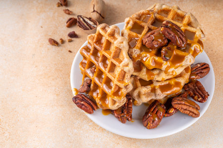 Pecan Maple Syrup Belgian Waffles with Caramel Sauce, Homemade Baking Recipe Autumn Cake Ideaの写真素材