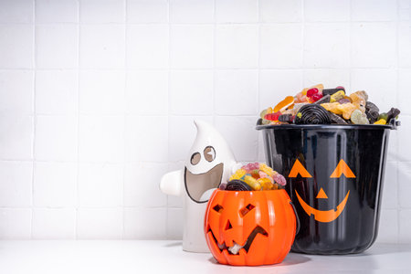 Happy halloween kids holiday background. Various set of halloween holiday buckets with sweets, candies. Trick or treat concept, save spaceの写真素材