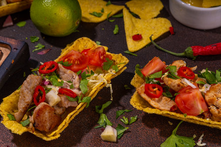 Traditional Mexican street food, fast food background, corn Taco, nachos with meat, vegetables,...
