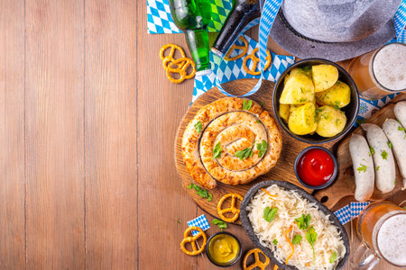 Oktoberfest munich traditional festival menu foods - bavarian sausages, pretzels, potato, sauerkraut, beer bottle and mug,  Background flier for Oktoberfest invitation on old wooden table copy spaceの写真素材
