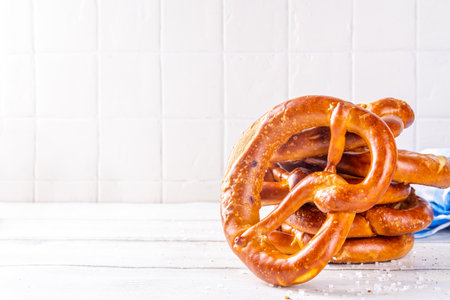 Homemade bavarian pretzels on kitchen table, traditional Oktoberfest, bavarian, German  breakfast...