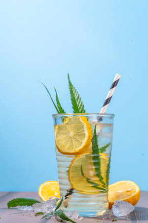Cannabis hemp cold lemonade drink, Alternative cold mojito lemon drink with marijuana extract and leaves, legal industrial hemp use concept. CBD infused fruit waterの写真素材