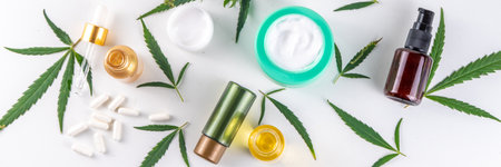 Cannabis hemp cosmetics - face cream, serum, lip balm, lotion, essential oil.  Nature organic cannabis skincare products, with fresh hemp leaves top view flat lay on white backgroundの写真素材