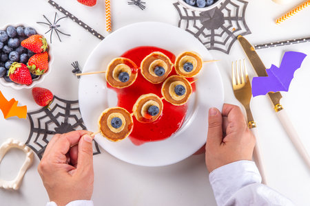 Funny kids breakfast for Halloween. Creative homemade sweet pancakes in form of traditional Halloween monsters and symbols, with fresh berry, chocolate and red syrupの写真素材