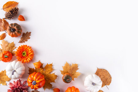 Autumn holidays and sale background. Thanksgiving Day greetings card. Multi-colored pumpkins, autumn leaves and flowers, acorn cones, decor on a white background top view copy spaceの写真素材
